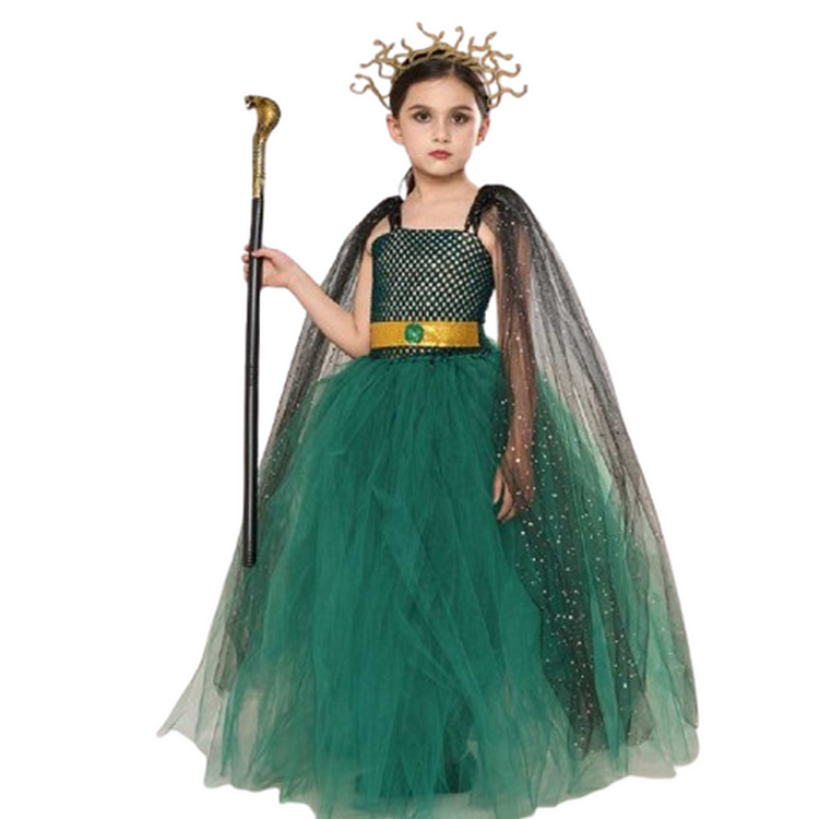 Kids Children Grecian Godness Medusa Green Tulle Dress Outfits Costume Stage Performance Carnival Suit 