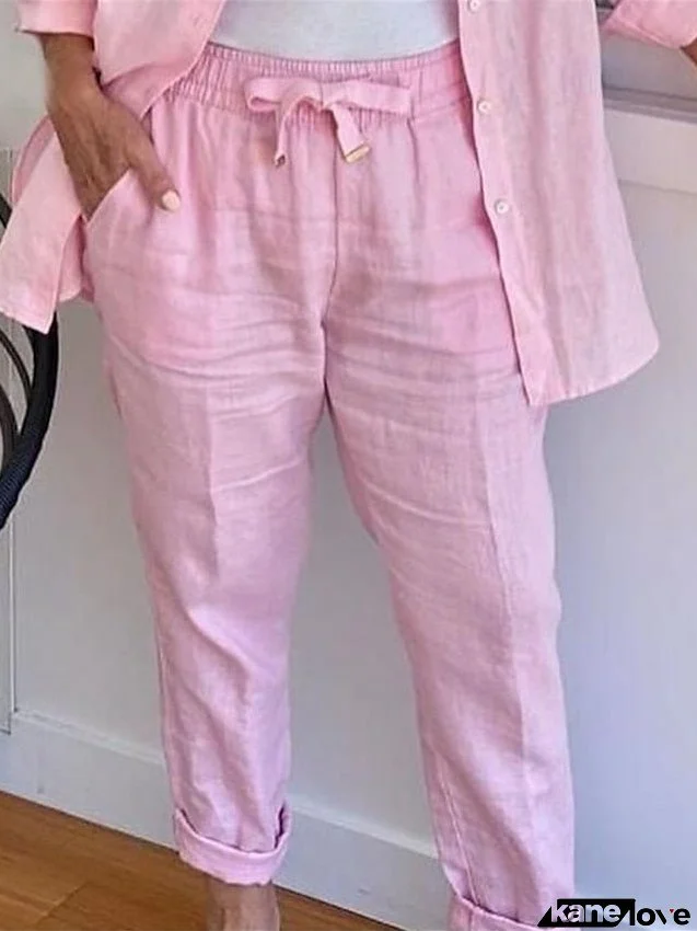 Women's Wide Leg Pants Trousers Faux Linen Pink Sky Blue Fashion Vacation Side Pockets Full Length Comfort Plain S M L XL 2XL