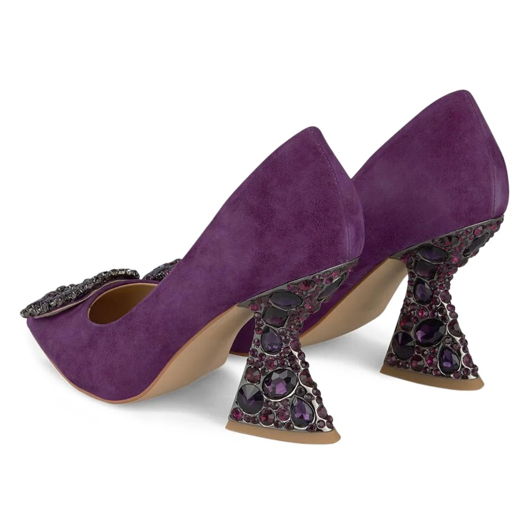 Faux Suede Purple Rhinestone Embellished Elegant Pumps for Ladies