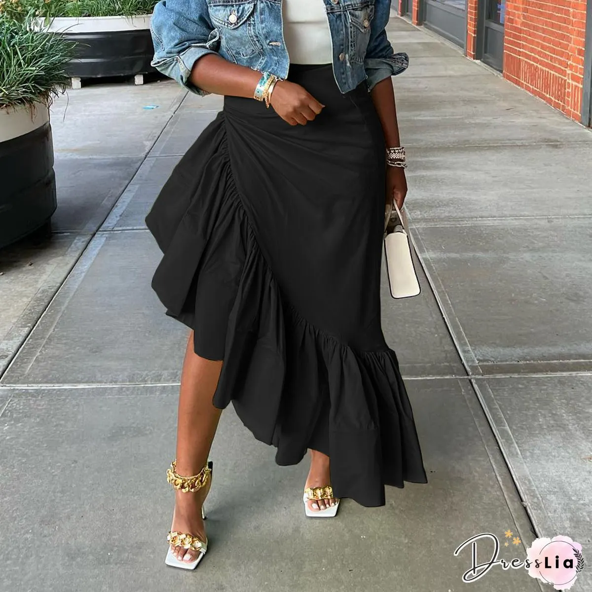 High Waist Asymmetrical Slit Ruffle Hem Skirts