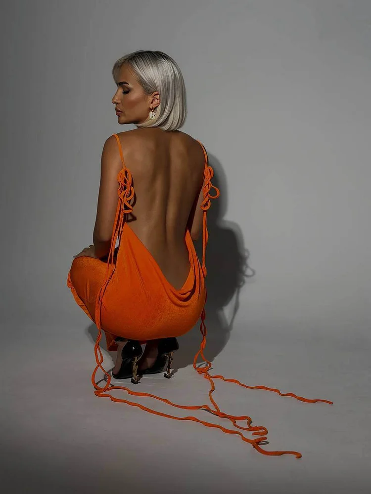 Sexy Backless Dress Summer Camisole Gown Lace-up Long Dress
