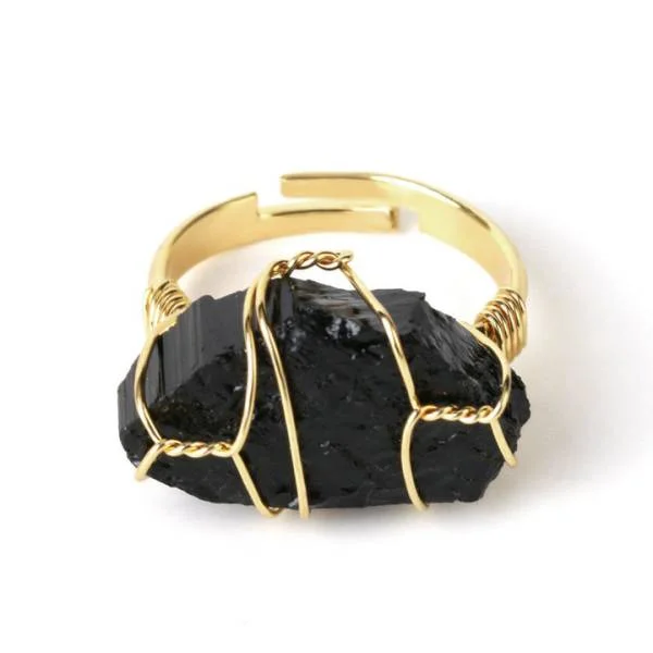 Natural Black Obsidian Gemstone Wire Wrap Adjustable Ring For Women