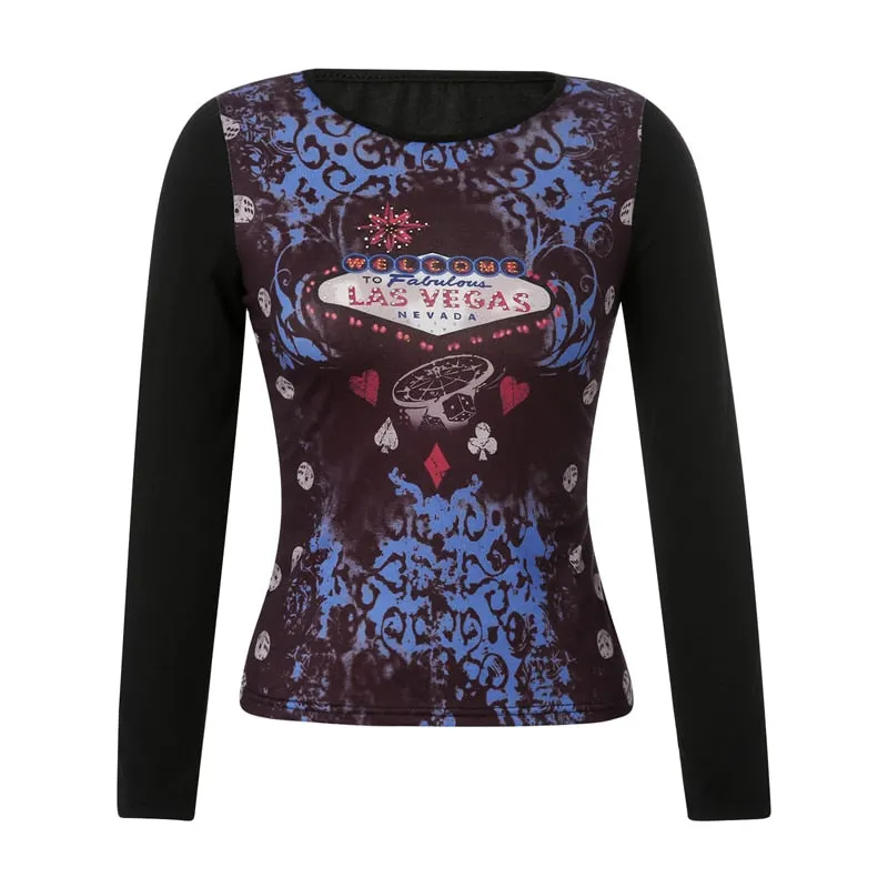 Xingqing Angel Wings Print Tops Fairy Grunge Graphic T Shirts Vintage Indie Aesthetic Clothes Cyber Y2k Slim Long Sleeve Top