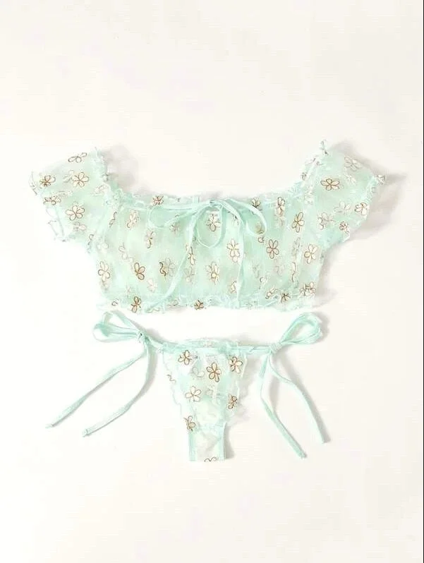 Porno Women's Sexy Lingerie Mesh Bra Set Off Shoulder Ruffle Underwear Cute Wireless Transparent Bralette Thong Intimates