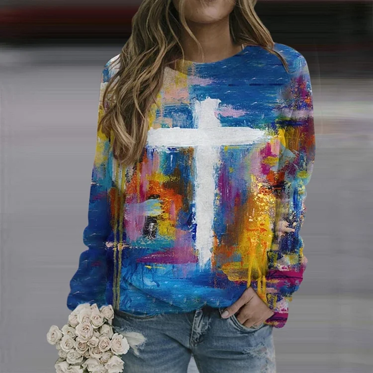 Women's Cross Print Sweatshirt Colorful Crew Neck Long Sleeve Top