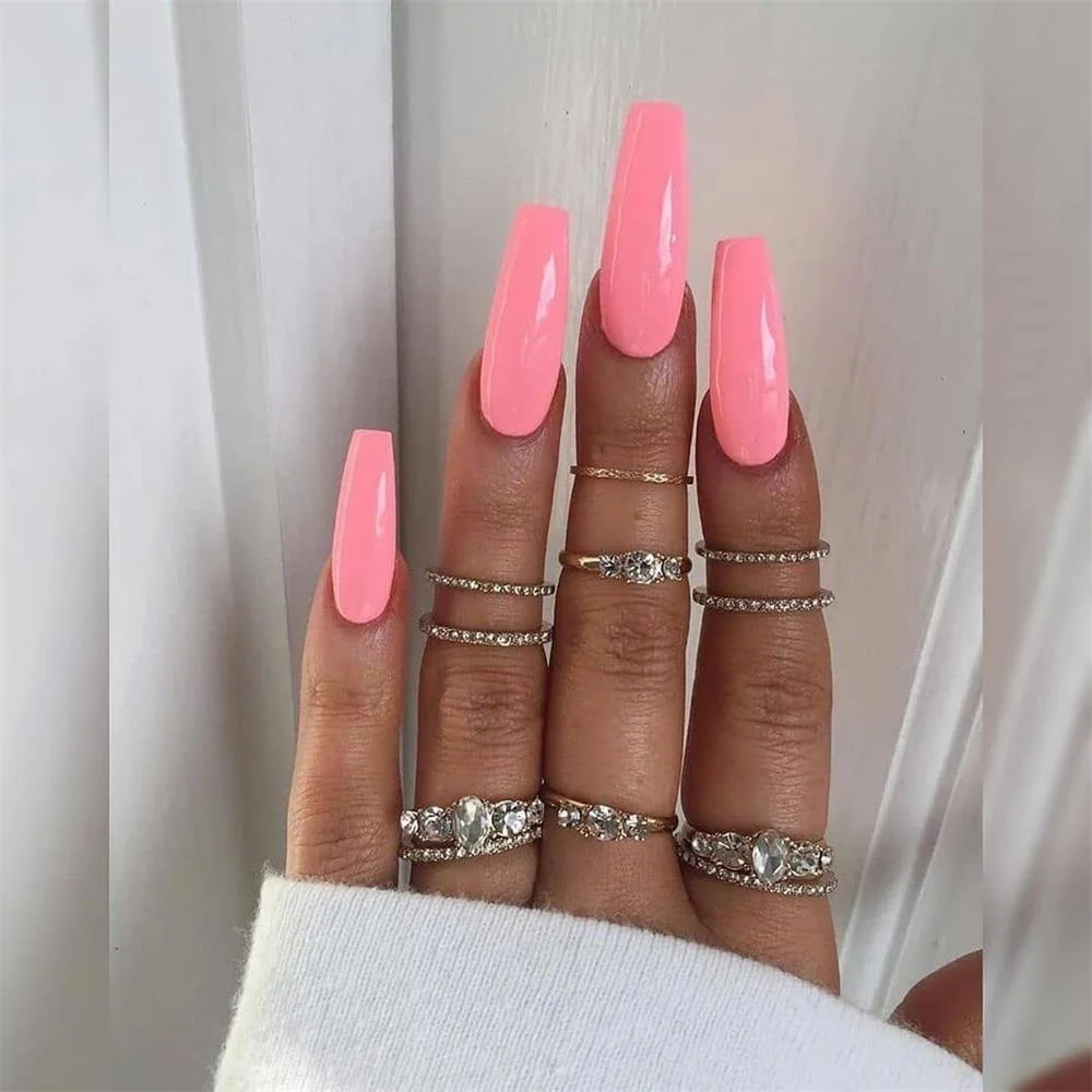 24pcs Detachable French Pink Coffin False Nails With Designs Wearable Ballerina Fake Nails Full Cover Nail Tips Press On Nails-Nail Inspo