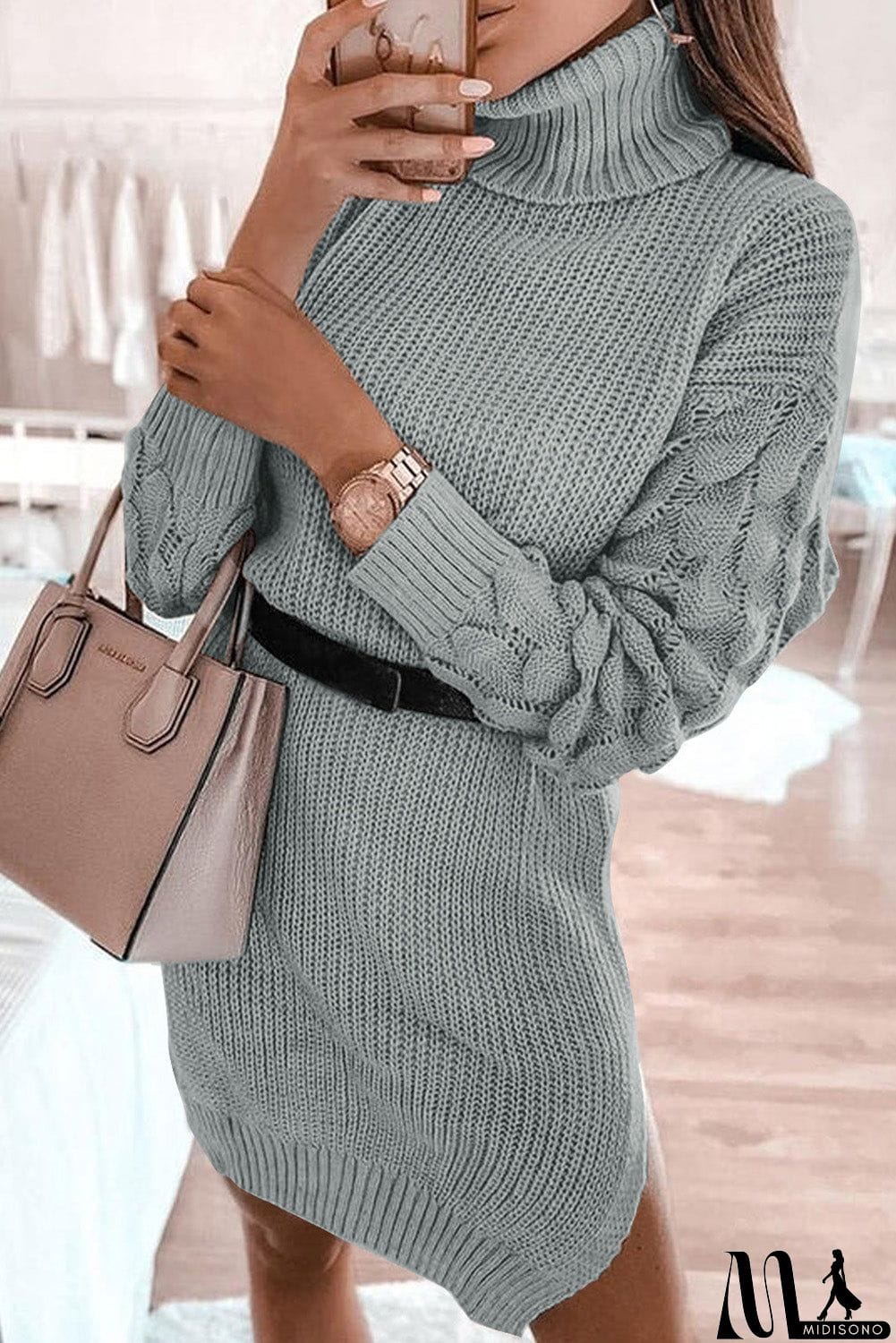 MidiSono - Plain Turtleneck Sweater Dress with Slits