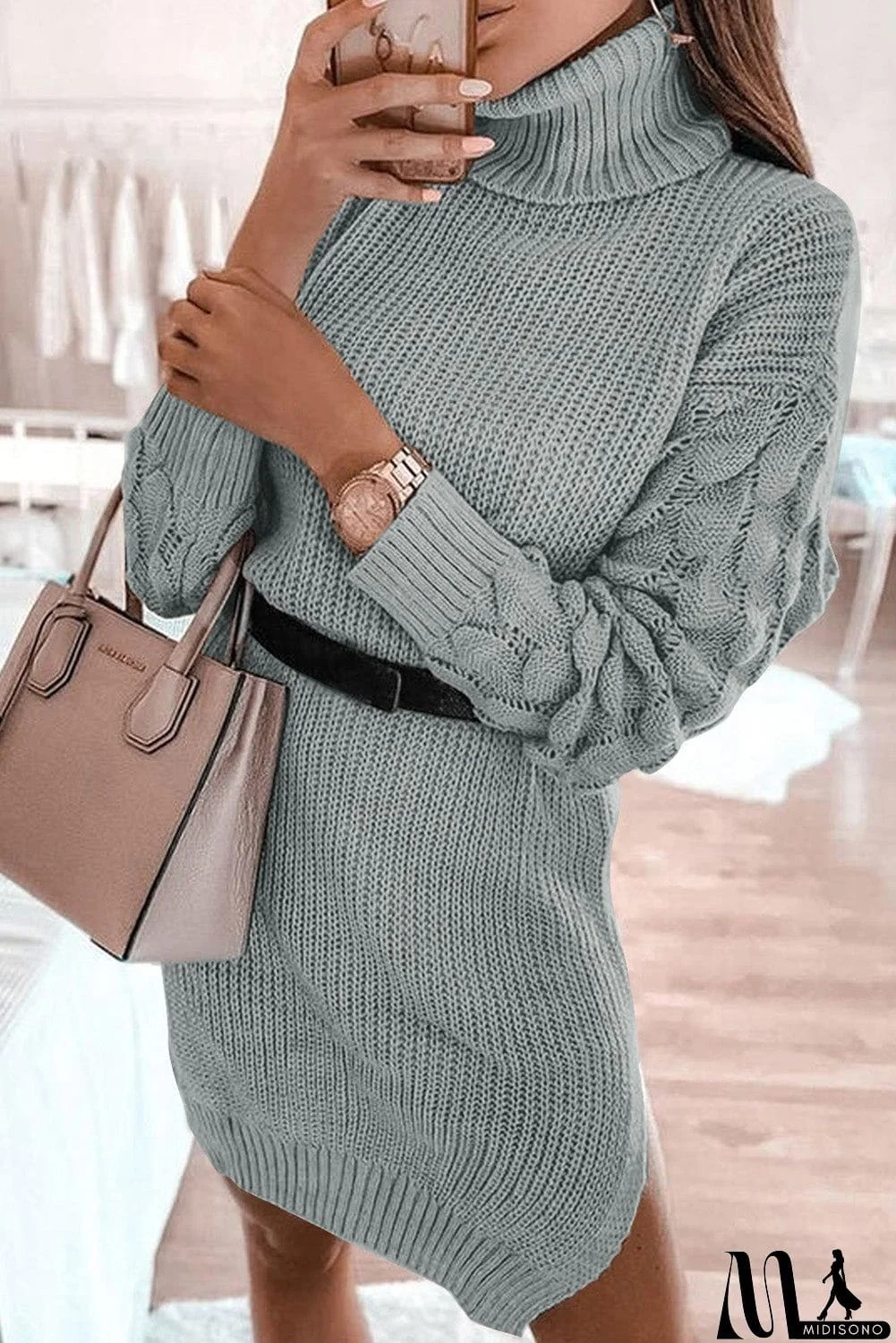 MidiSono - Plain Turtleneck Sweater Dress with Slits