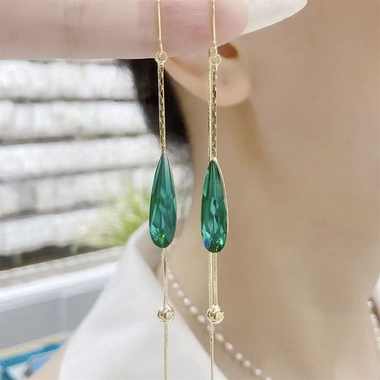 Long Green Droplet Crystal Earring