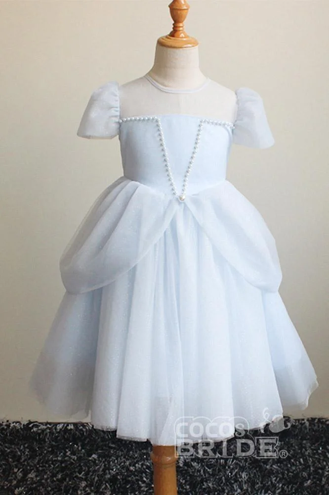 Daisda Light Blue Scoop Neck Short Sleeves Ball Gown Dress 
