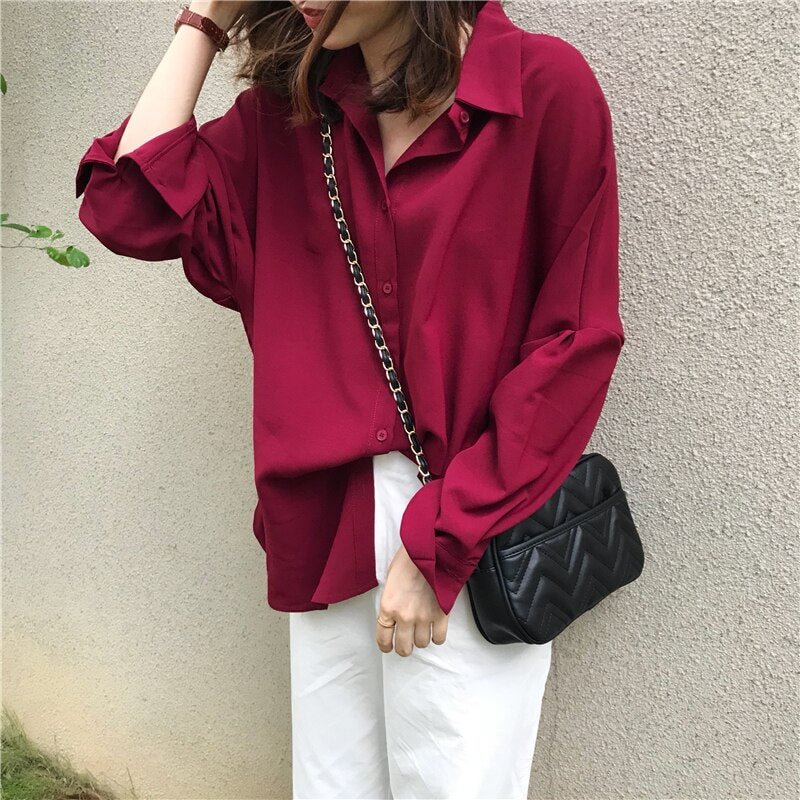 New Arrival Women Wine Red Oversize Chiffon Blouse Batwing Sleeve Casual Solid Long Shirt Women's Chic Tops Feminina Blusa T0470