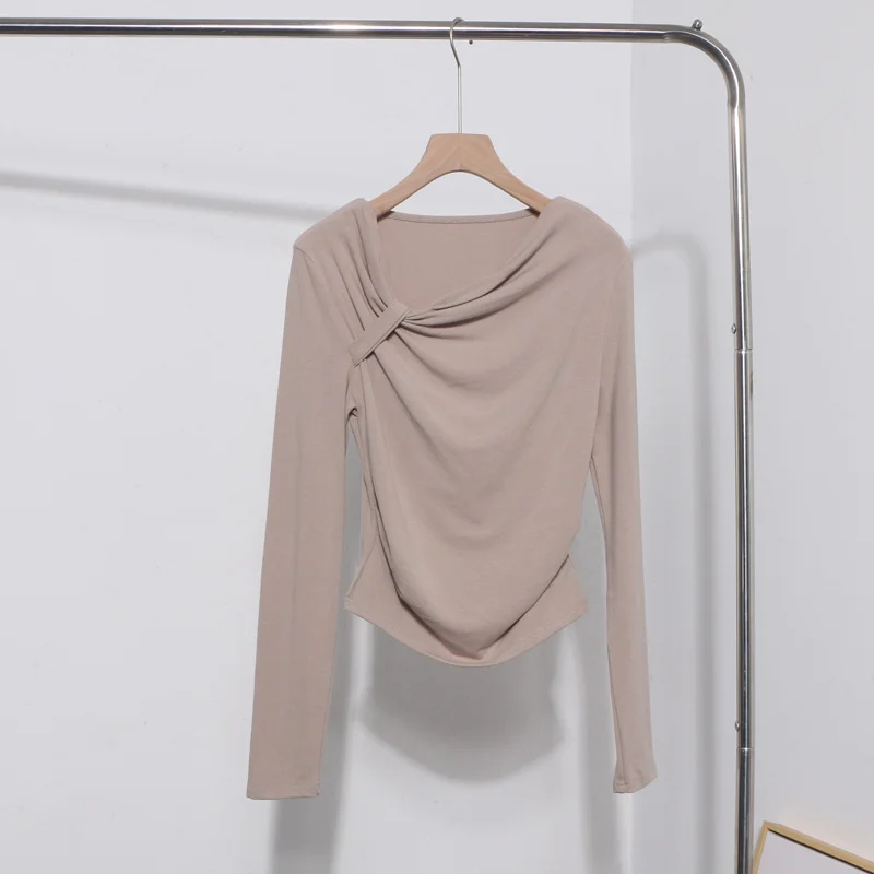 Uveng Side Bow Tie Design Folded Long-Sleeved T-Shirt Slim Thin Autumn Dress T-Shirt Short Top 1662