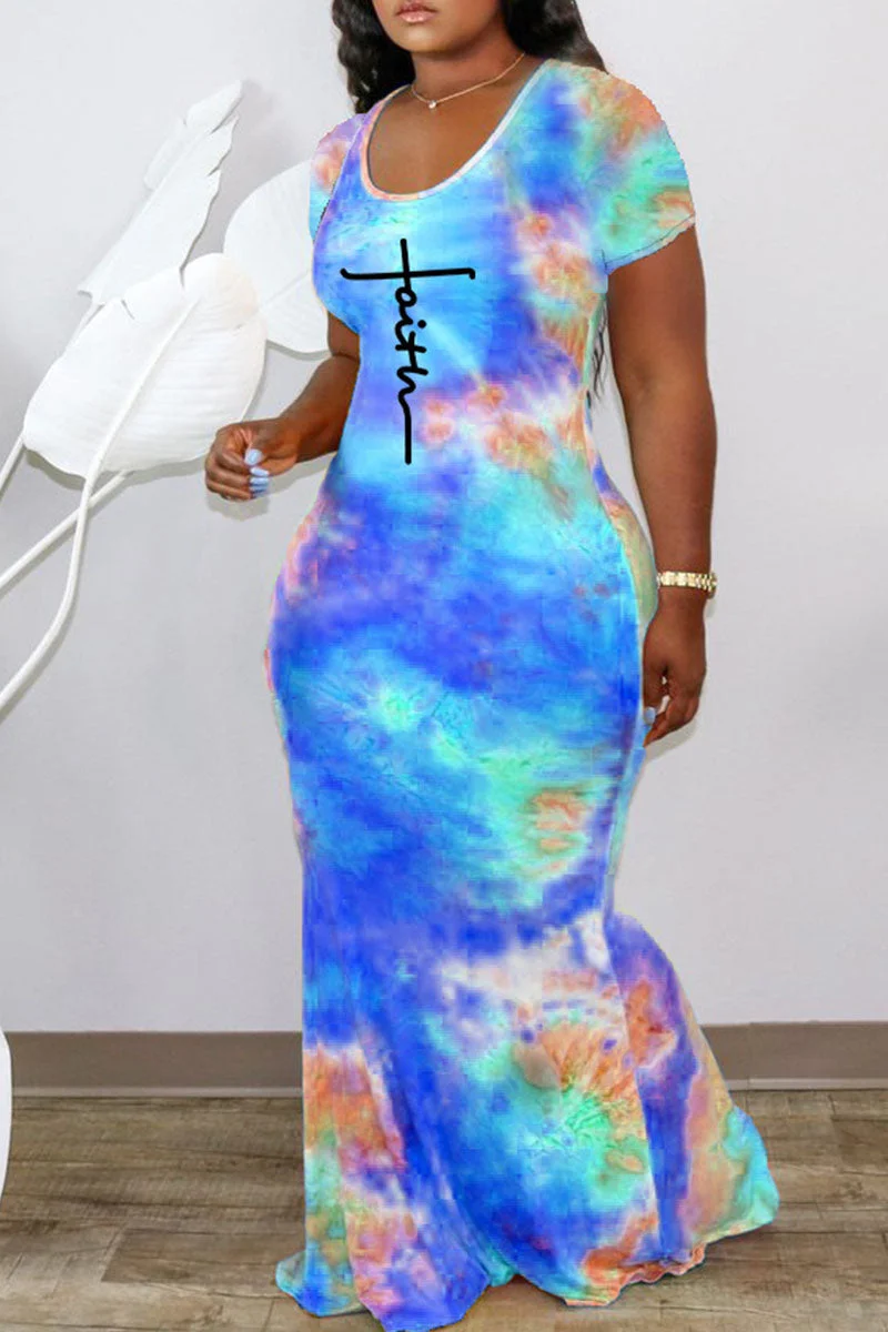 Sexy Print Tie Dye Split Joint Backless O Neck Straight Dresses