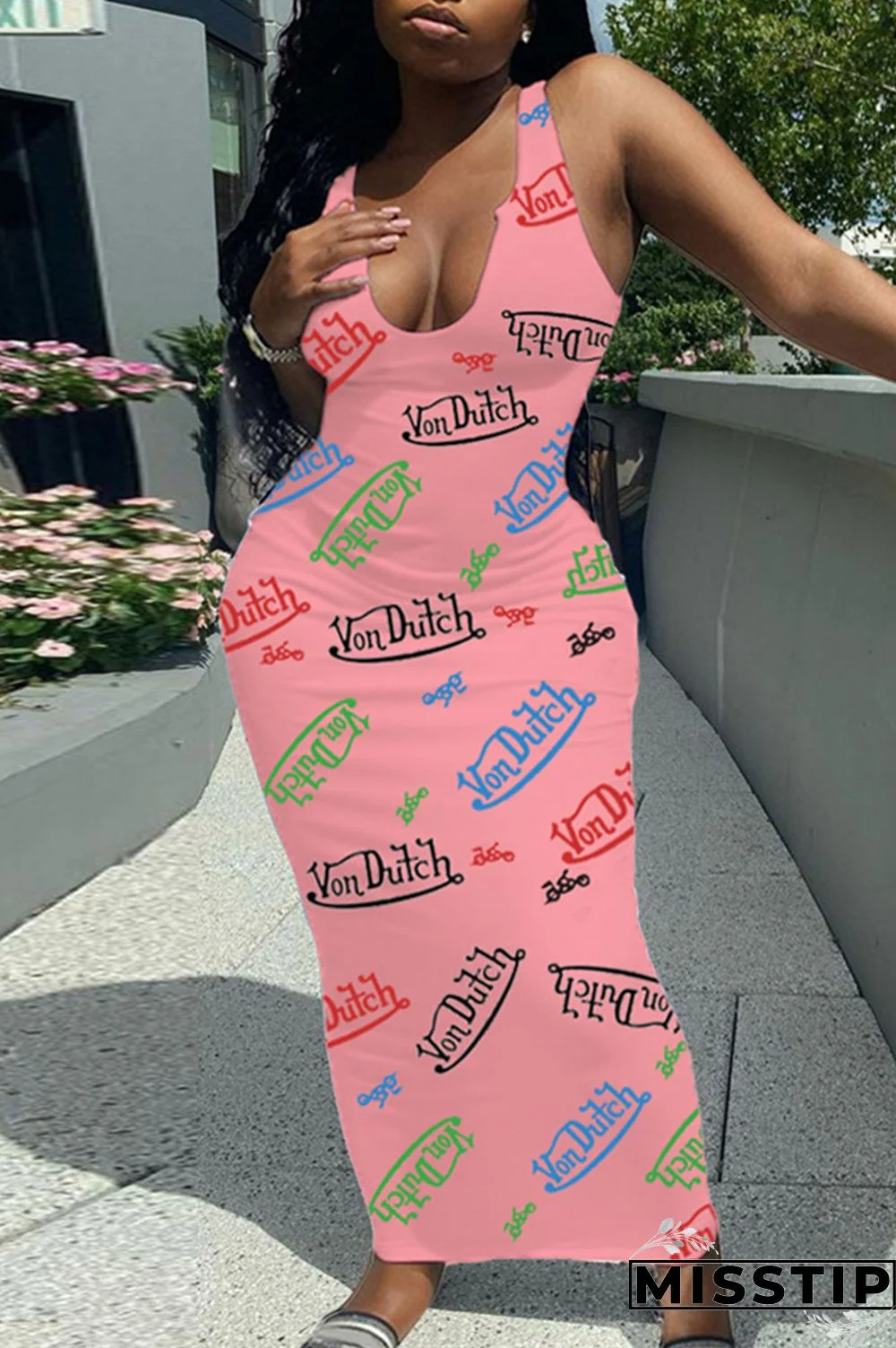 Pink Sexy Casual Letter Print Basic U Neck Vest Dress