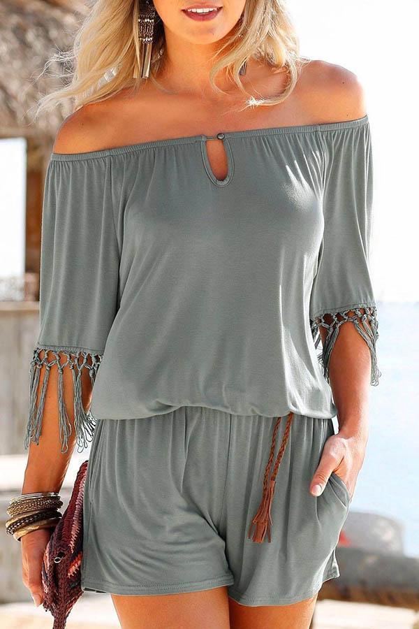 Off Shoulder ShortSleeve Fringed Romper