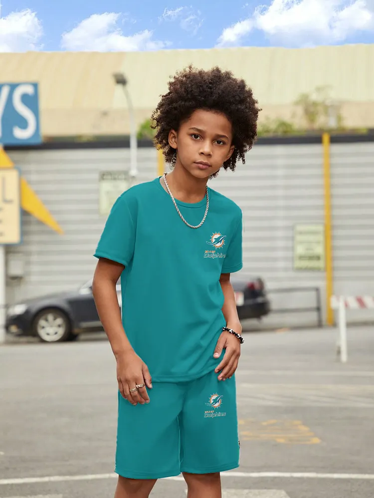 Miami Dolphins New Design Kids（5-14Y)' Casual Crew Neck T-shirt And Drawstring Shorts  2pcs/Set