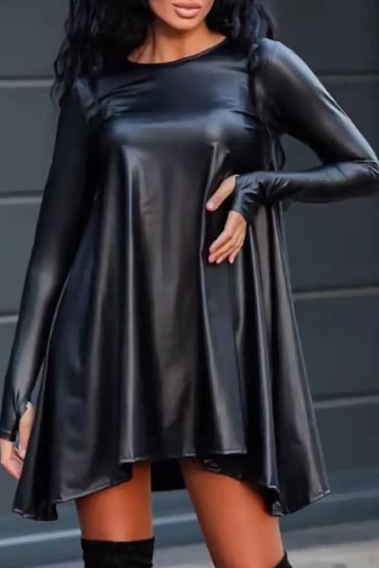 Xpluswear Plus Size Casual Black PU Leather Round Neck Long Sleeve Asymmetrical Hem Mini Dress [Pre-Order]