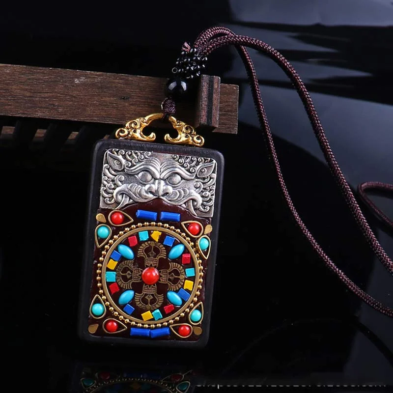 Ebony Wood Elephant Lotus Balance String Necklace Pendant