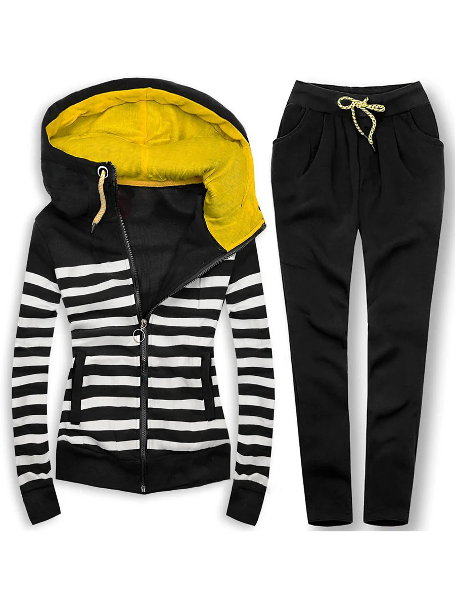 Women's Black Contrast Stripe Casual Hoodie Set