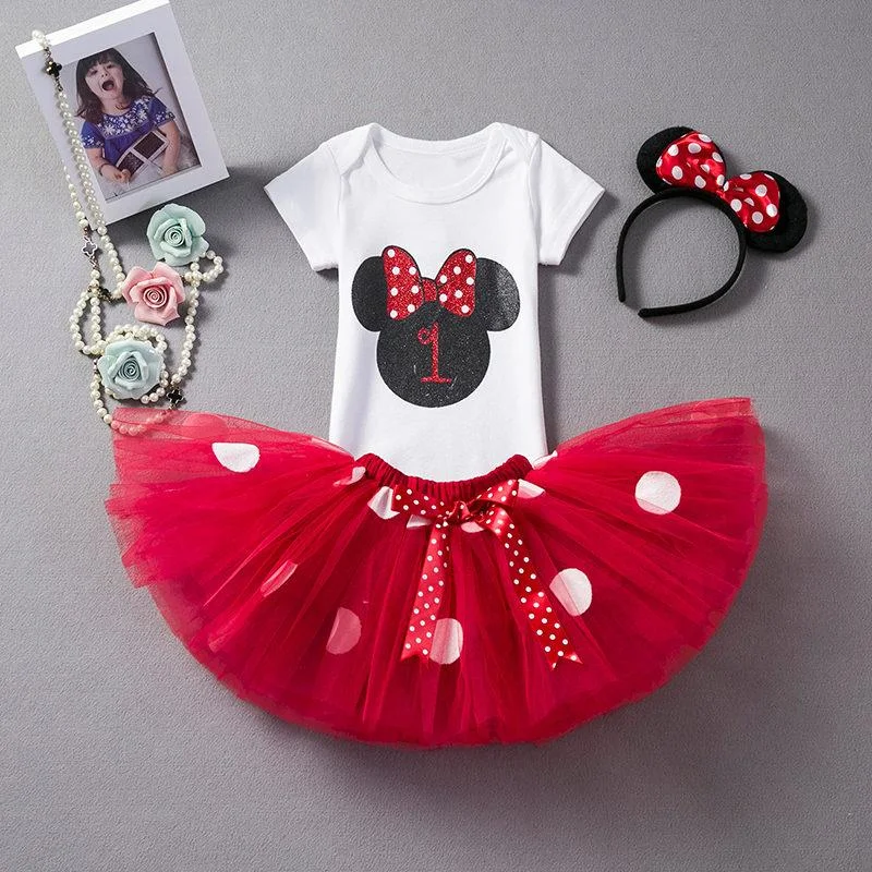 Mini Mouse Baby Girls Dress 1st Baptism Dress For Infant Girl 2 Years Old Baby Kids Clothes Polka Dots Summer Newborn Outfits
