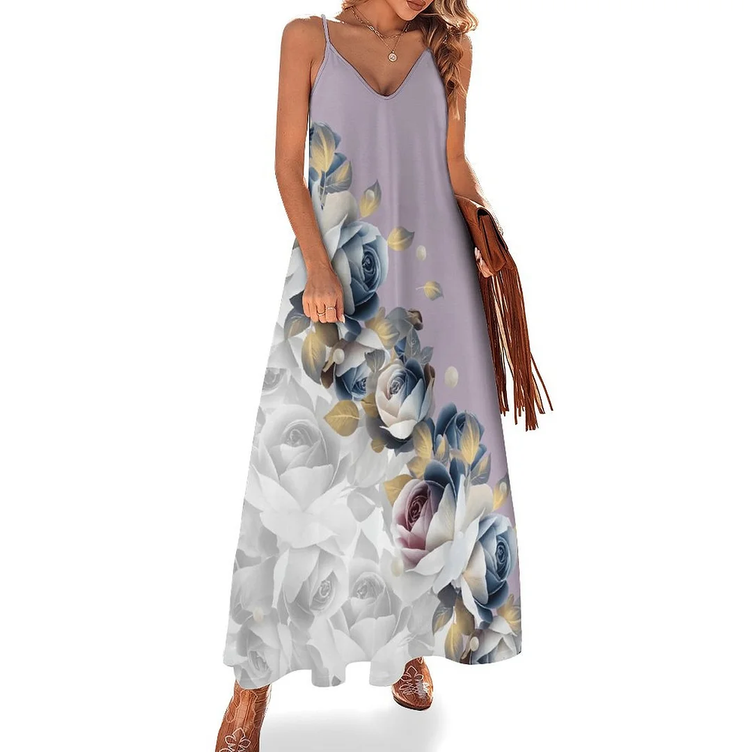 Style & Comfort for Mature Women Plus Size Printed Sling Casual Women Maxi Dress in Pattern Floral, Gray, Light Purple