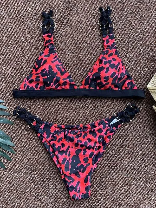 Leopard Print Embellished Split Bikini Swimsuit