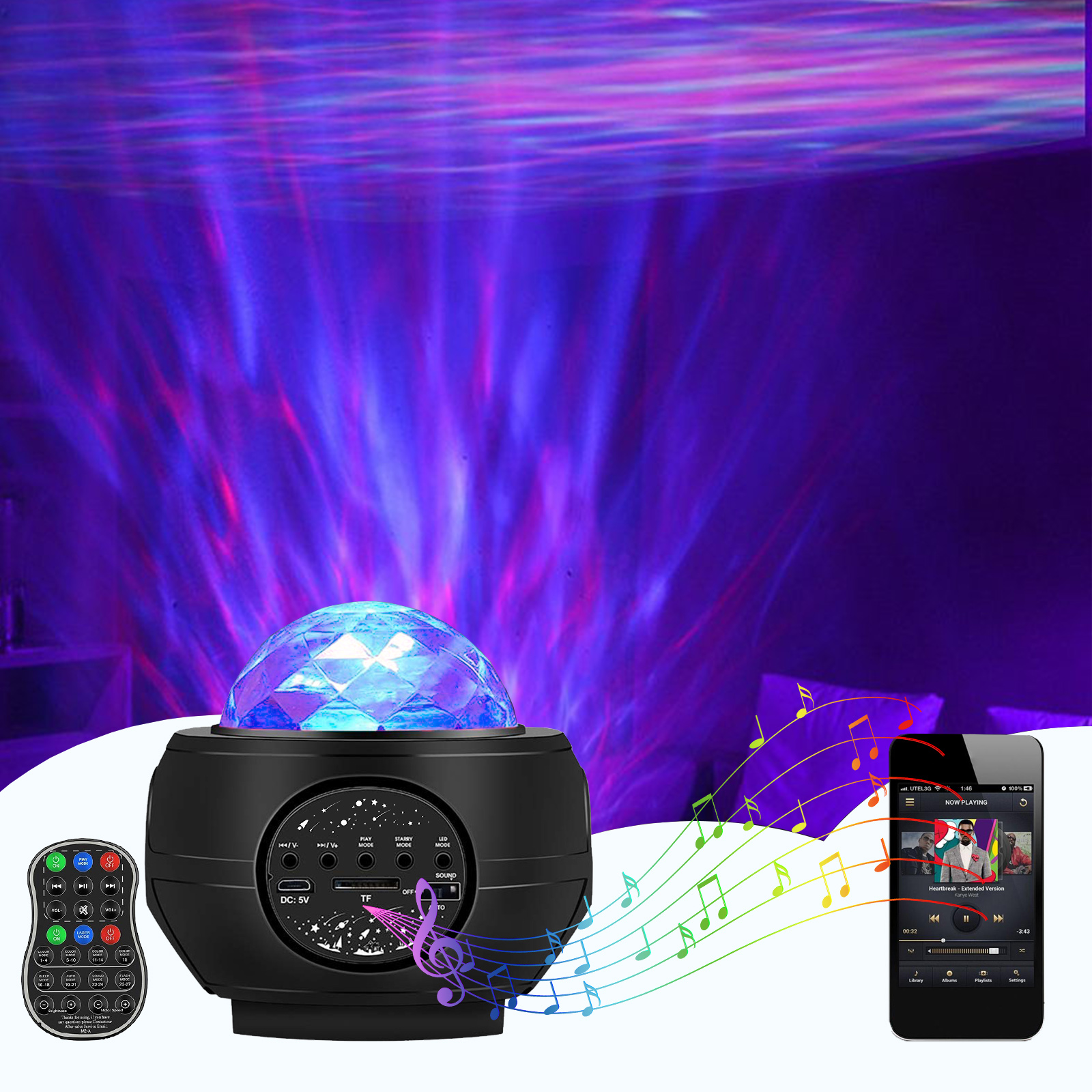 

With Remote Control Star Sky Ocean Wave USB-Bluetooth Laser Projector Night Light, 501 Original