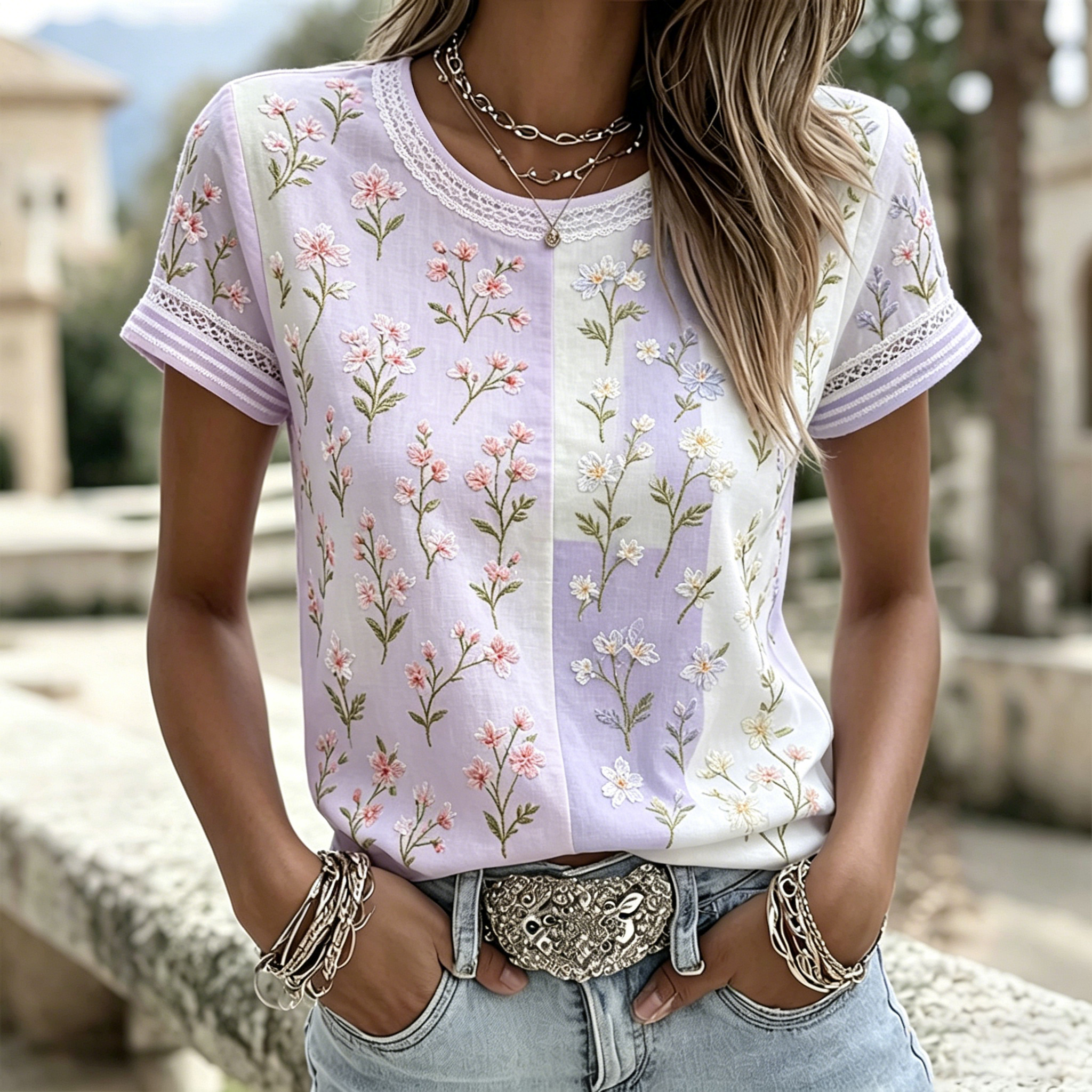 Women's Retro Rose Art Embroidery Color Block Splicing Comfortable Cotton Linen Round Neck Short Sleeve Top elevenforest