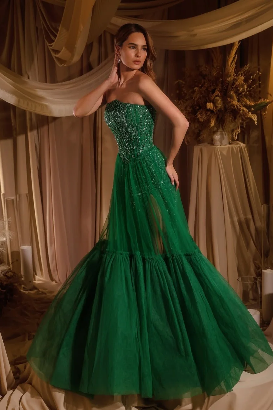 Daisda Sleeveless Strapless Mermaid Beads Prom Dress With Tulle 