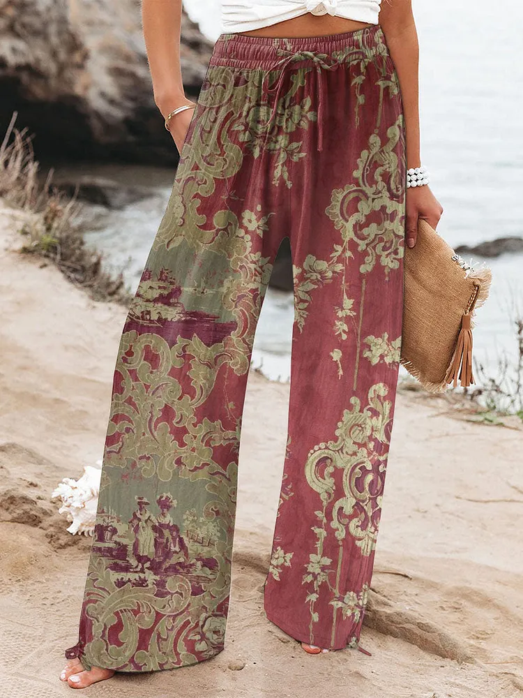 Women's  Vintage Flowers Art  Printed Cotton And Linen Casual Pants