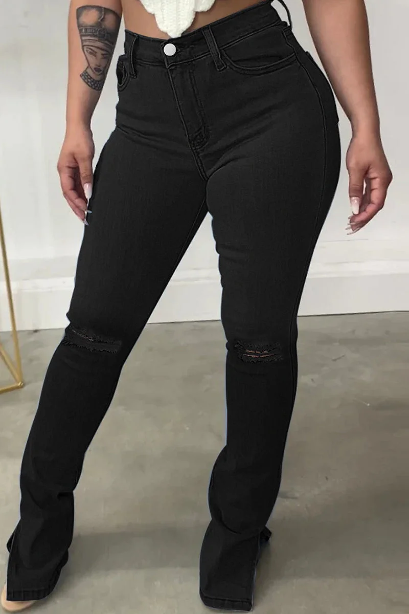 Casual Solid Ripped Slit High Waist Regular Denim Jeans