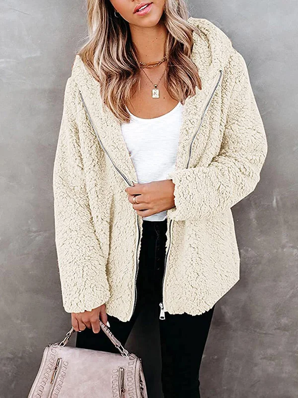 Simple Casual Loose Sherpa 5 Colors Zipper Hooded Long Sleeves Outwear