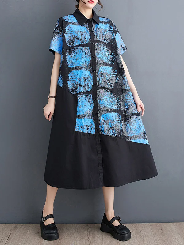 Loose Short Sleeves Abstract Printed Lapel Midi Dresses Shirt Dress