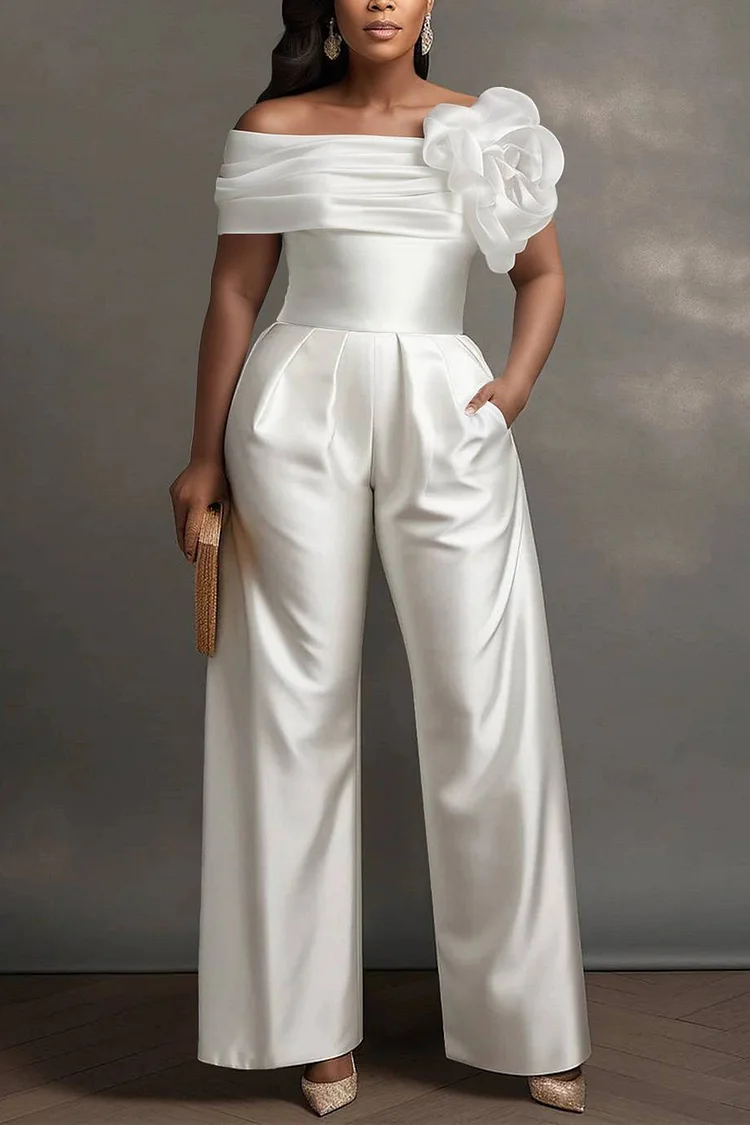 Xpluswear Design Plus Size Formal White Elegant Off The Shoulder 3D Pocket Satin Jumpsuits [Pre-Order]
