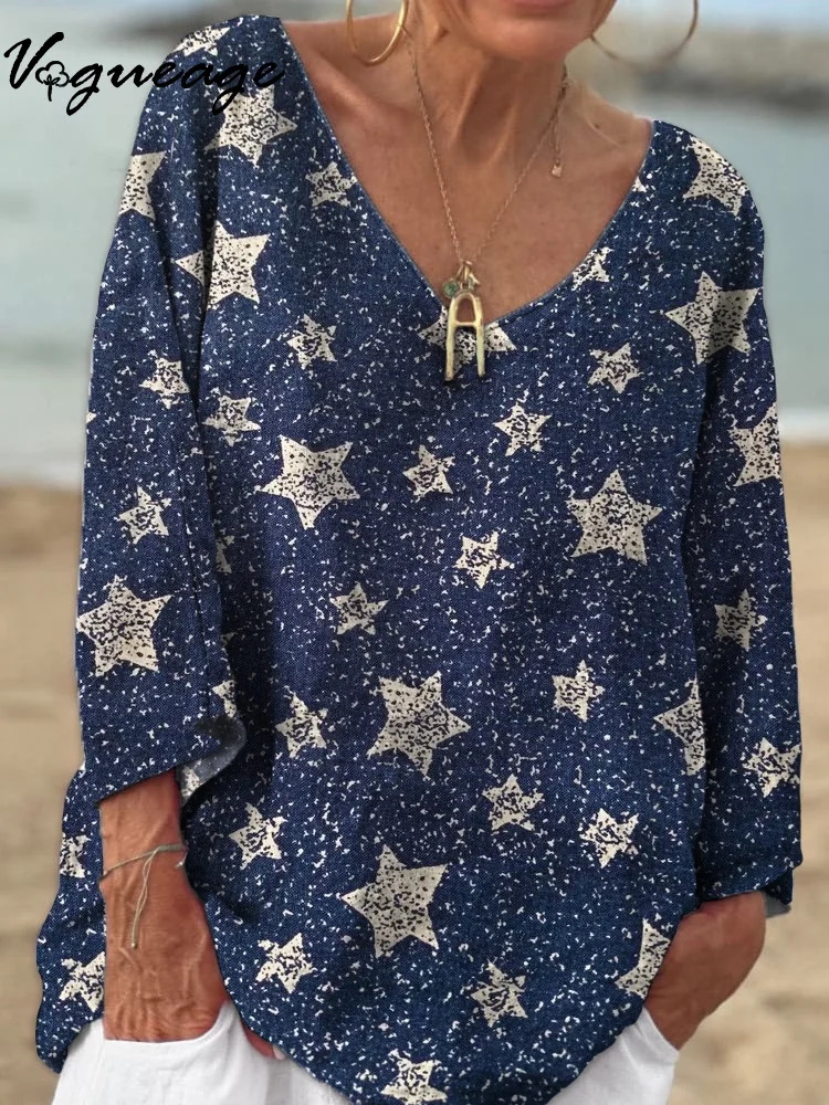 Gentle Dreamy Stars 3/4 Sleeves Printed Cotton And Linen Shirt