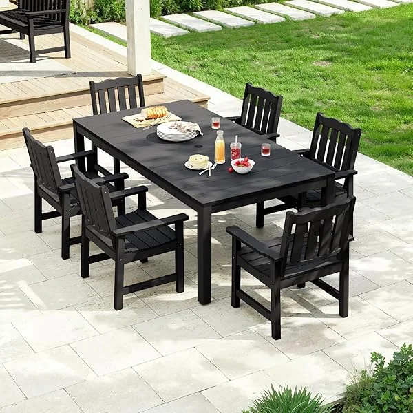 7 Pieces Patio Dining Sets, All-Weather HIPS Material & Aluminum Frame Dining Table with 2" Umbrella Hole, Outdoor Dining Table Set for 6, Never Rot or Fade, Black 7 Pcs Dining Set Black