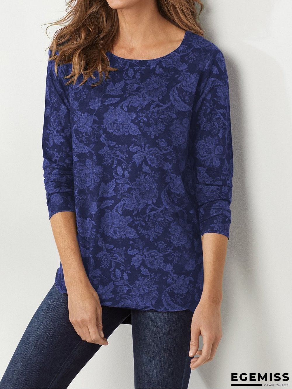Casual Floral Round Neck Long Sleeve Shirts & Tops | EGEMISS