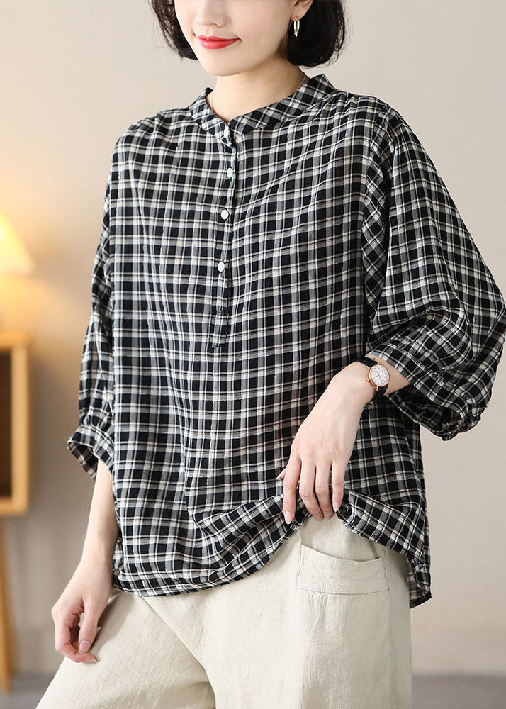 VCSHOES Black Stand Collar Plaid Button Linen Shirt Bracelet Sleeve