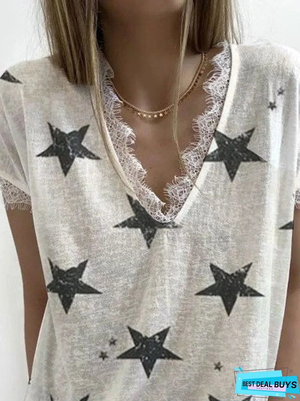 Star Loose V Neck T-Shirts