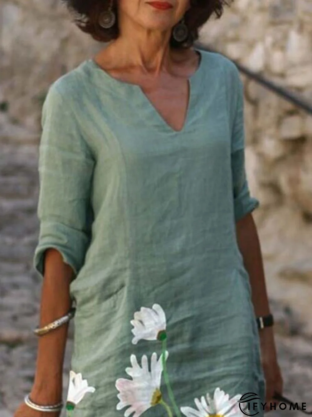 Green 3/4 Sleeve Floral V Neck Casual Daily Weaving Dress | IFYHOME