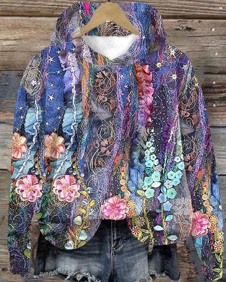 Women's Oil Painting Floral Print Pocket Long Sleeve Hoodie