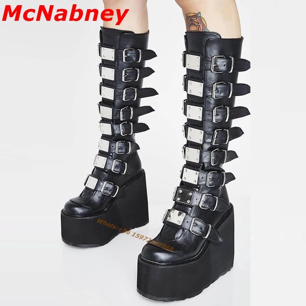 New Platform Height Increasing Boots Knee High Round Toe Metal Buckles Solid Women Shoes Autumn Sexy Fashion Boots Black Party