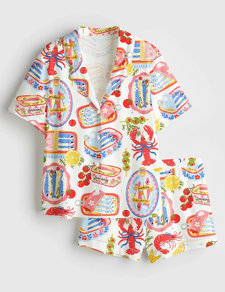 Women&rsquo;s Fisherman Aesthetic Sardines Cute Sardines Can Girly Summer Tinned Fish Coastal Nautical Summer Ocean Beach Vibes Print Short Sleeve Satin Pajama Set