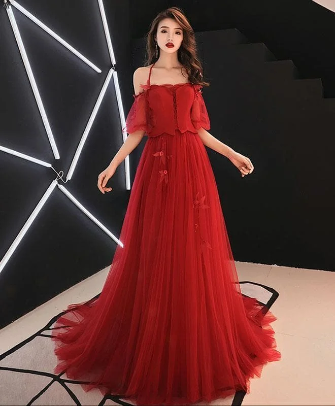 Unique Red Tulle Lace Long Prom Dress Tulle Red Evenig Dress