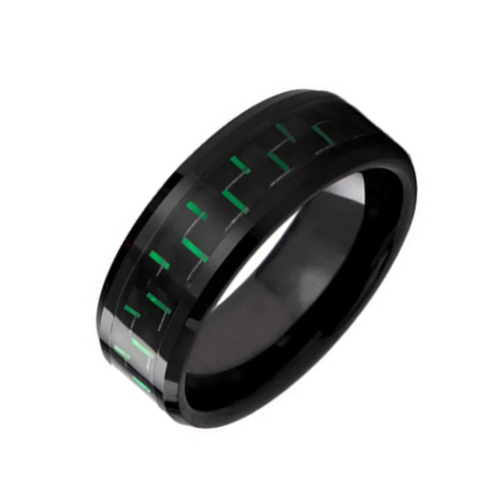6MM 8MM Black Tungsten Carbide Rings Green Carbon Fiber Inlay Polished Beveled Edge For Men
