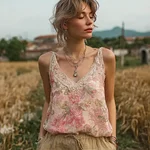 Bohemian Retro Pink Floral Pattern Women's Sleeveless Thin Shoulder Strap Vest - Image 2