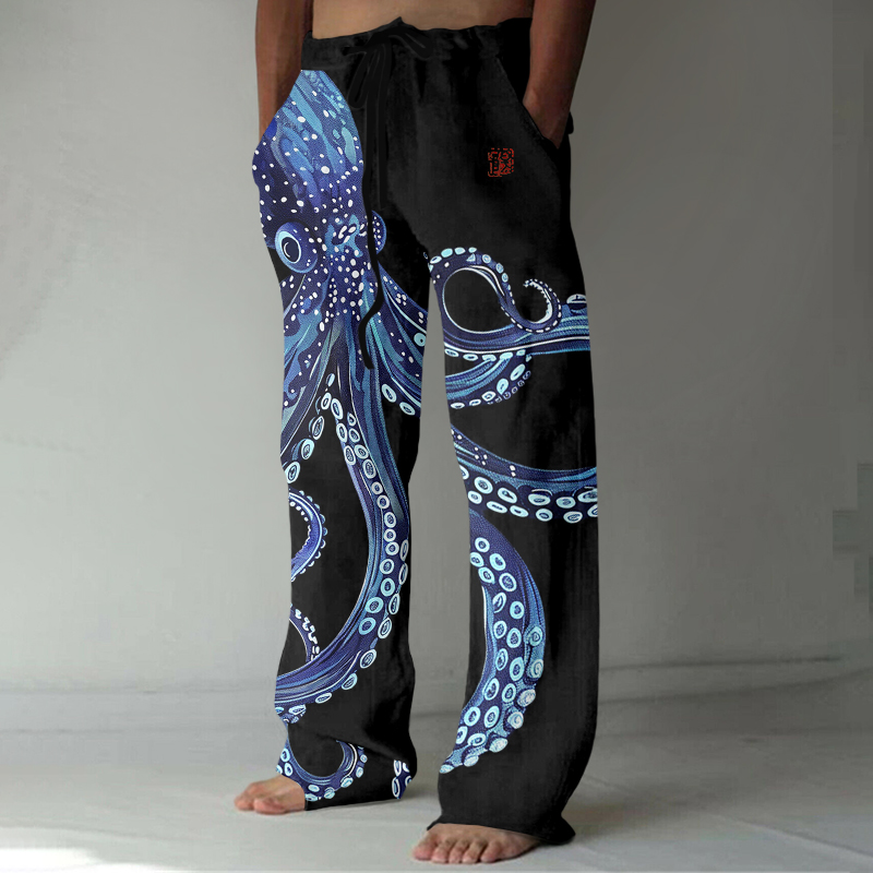 Japanese Art Octopus Print Casual Linen Blend Pants  artssus