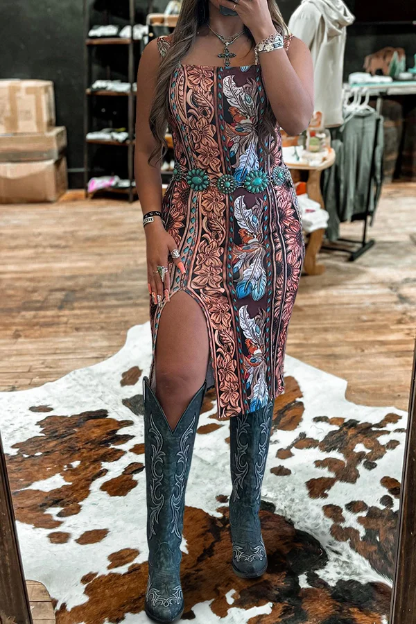 Vintage Western Print Slit Dress