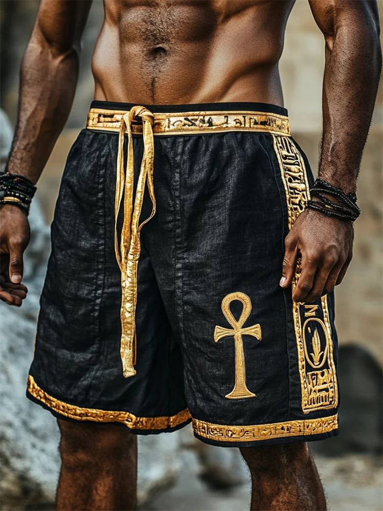 Men's Ankh Ancient Egyptian Gold Embroidered Drawstring Linen Shorts