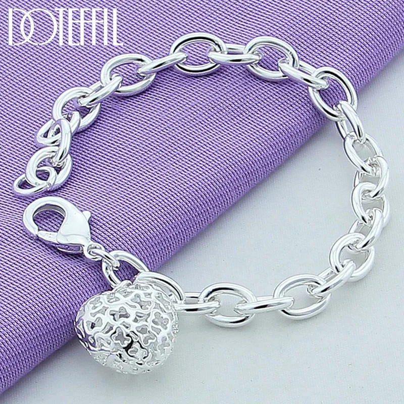 DOTEFFIL 925 Sterling Silver Hollow Heart Pendant Bracelet For Woman Jewelry